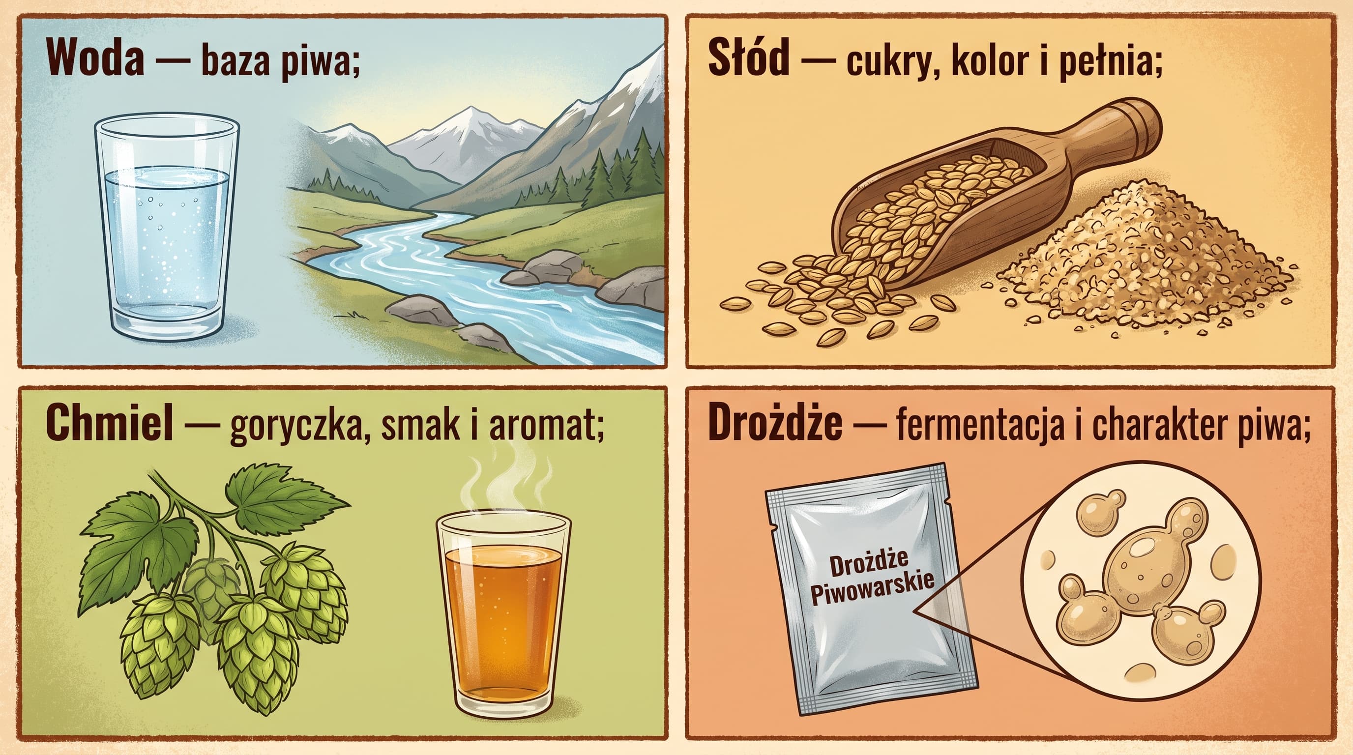 Woda, słód, chmiel i drożdże — cztery podstawowe składniki piwa